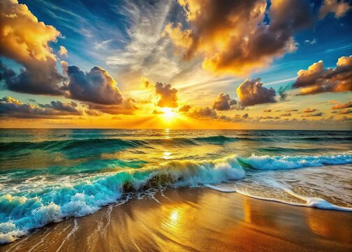 Golden Sunrise Ocean Waves: Serene Coastal Landscape Stock Photo