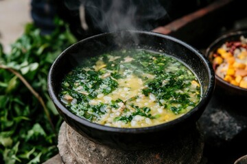 Steaming hot soup with greens served in black bowl outdoors