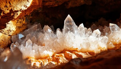 Quartz Crystals Glimmering in Dark Cave