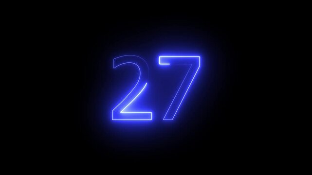 Glowing color looping trendy glowing neon numeric number 27.Glowing neon number 27.Educational mathematics 27 animation.