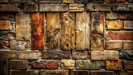 Grunge Brick Stone Antique Texture Background with Wooden Planks