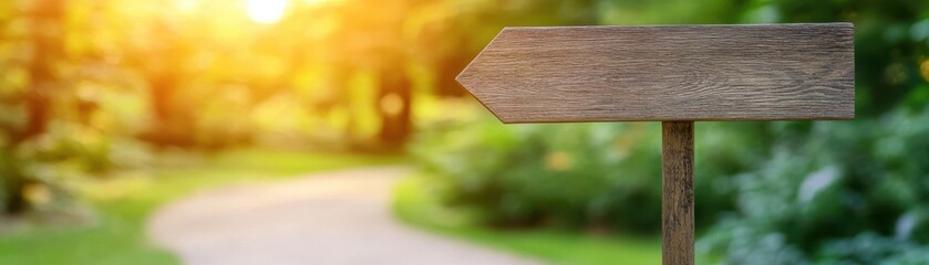 A wooden signpost stands along a winding path, illuminated by warm sunlight, surrounded by lush greenery and a serene natural setting.