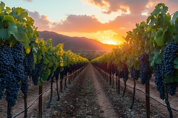 Fototapeta premium Sunset Vineyard Landscape: Ripe Grapes and Scenic Beauty for Wine Culture and Rural Tranquility
