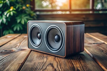 High-Quality Audio Speaker Stock Photo: Modern Wireless Bluetooth Speaker on Wooden Table