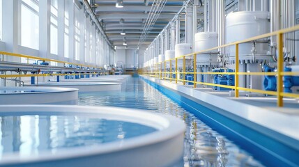Fototapeta premium A modern water treatment facility with circular tanks, illuminated by natural light and equipped with industrial machinery.