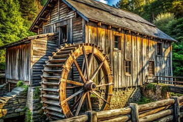 Fototapeta premium Historic Black & White Gristmill Waterwheel, Rustic Texture, Shaded Layers