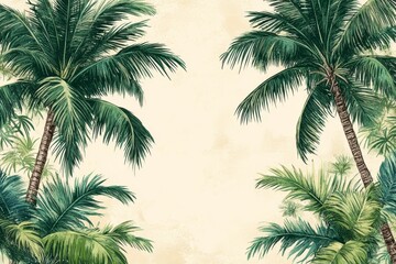 Lush green palm trees creating a tropical backdrop in a serene location with soft beige tones