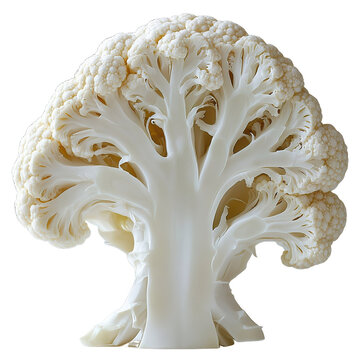 Extreme front view of a perfectly beautiful hyperrealistic single raw raw cauliflower vegetable slice isolated on a white transparent background