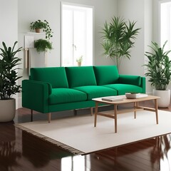 Scandinavian design style living room with a green sofa