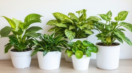 A vibrant display of green potted plants arranged in white containers, adding freshness and life to the indoor space.