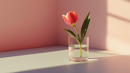 A clean photo of a single tulip styled in a slim glass vase on a light table. background