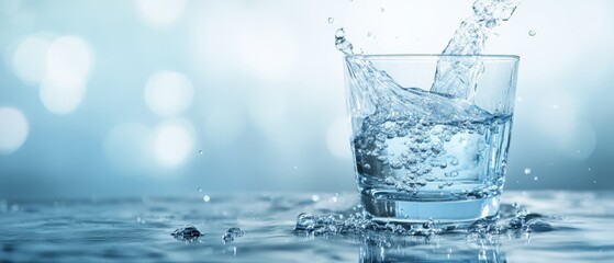 A glass of water is sitting on a table with water droplets around it