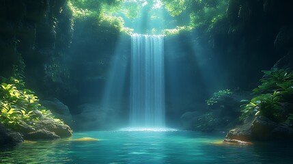 Obraz premium Sunlit Waterfall Cave Pool, Tropical Jungle, Serenity