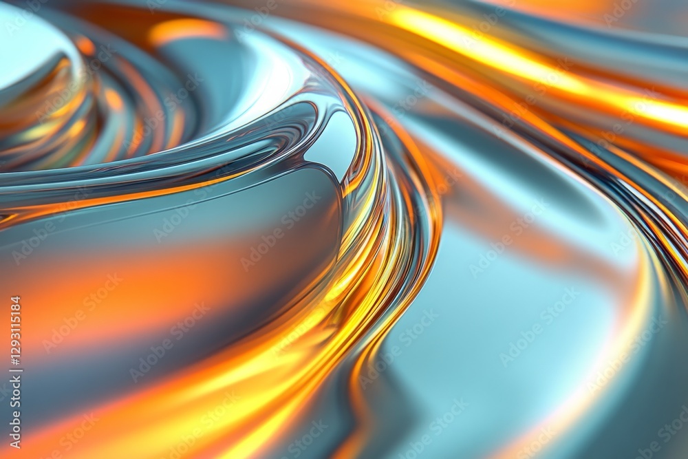 Poster swirling metallic patterns with orange and silver tones create an abstract visual effect in a dynami