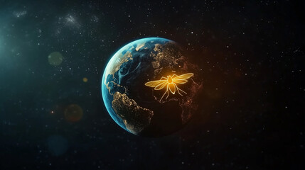 Fototapeta premium Planet Earth with a glowing mosquito silhouette on a dark space background with stars, illustrating global interconnectedness and environmental awareness.