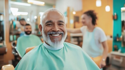 Obraz premium Happy senior man smiling at the barbershop