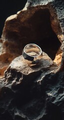 Silver ring on textured rock