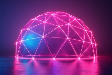 Bright glowing dome structure illuminated with pink and blue lights creates a vibrant atmosphere in a dark setting