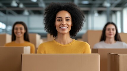 Cheerful female professional unpacking cardboard boxes and packaging materials while creating a vibrant productive office or workspace environment Concept of organization