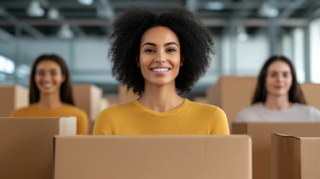 Cheerful female professional unpacking cardboard boxes and packaging materials while creating a vibrant productive office or workspace environment  Concept of organization