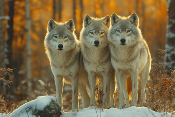 Obraz premium Three Wolves Gaze Intently in a Golden Winter Forest Landscape