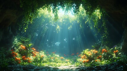 Obraz premium Sunbeams illuminate lush jungle cave flora