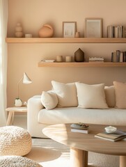 A minimalist interior reveals a cozy and modern living room