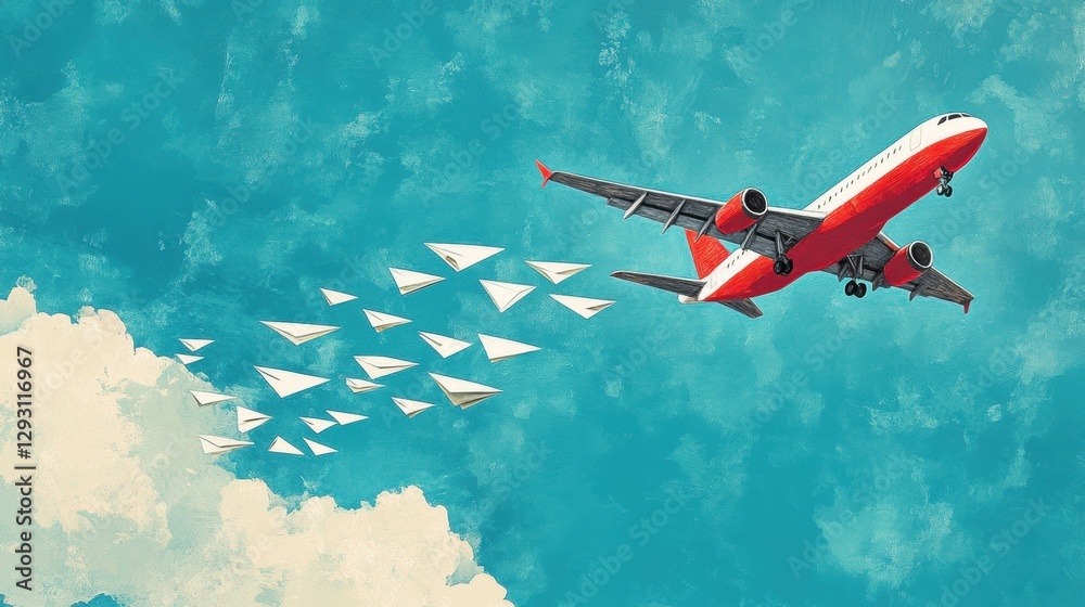 Poster red and white airplane leading a formation of smaller paper planes in a clear blue sky representing 