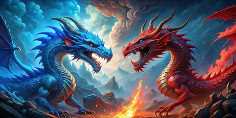 Majestic Red and Blue Dragons Confronting Each Other in a Fantasy Landscape