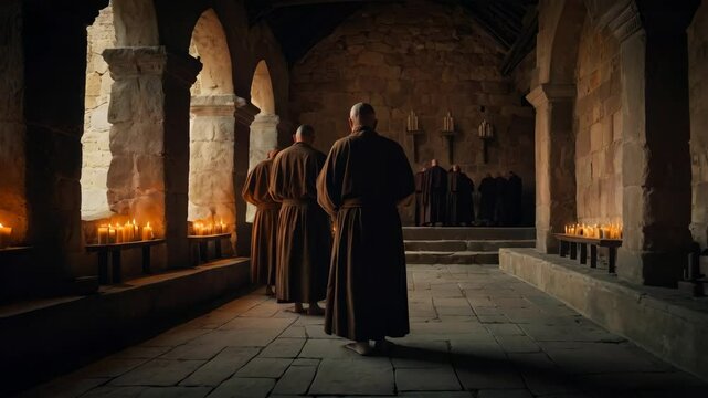 Medieval monks gathering for prayer in the church of a monastery