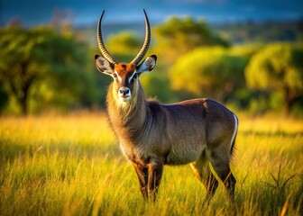 Fototapeta premium Majestic Waterbuck Grazing in Lush South African Veldt - Wildlife Photography