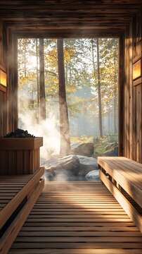 Sauna and nature blend, Rustic Wooden Sauna Interior with Double Exposure of Steam, Fire, and Natural Textures, deep relaxation imagery concept.