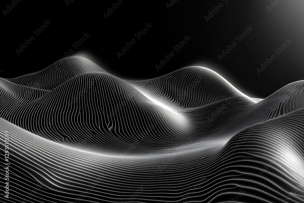 Poster black and white abstract landscape with flowing lines and smooth curves creating a dynamic visual te