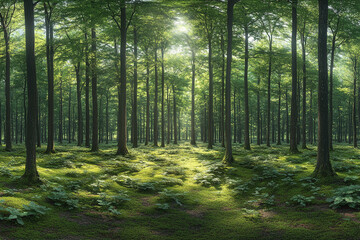 Obraz premium Sun-Kissed Canopy, A Serene Walk Through the Emerald Forest