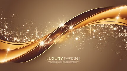 Abstract glowing gold curved element on soft brown  background with lighting effect glitter and sparkle with copy space for text. Luxury design style. Vector illustration