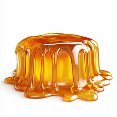 A surreal melting candy made of glossy, dripping honey-like syrup, with a rich amber color and a smooth reflective surface, resting on a pure white background 