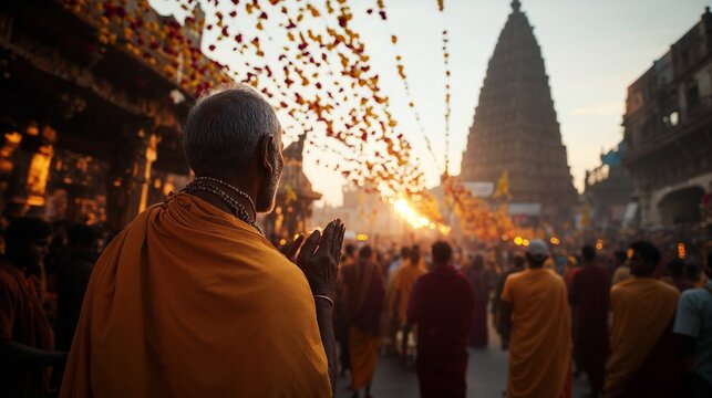 A powerful wide-angle view capturing priests and devotees offering prayers as the chariots move through the ancient streets of Puri, temple flags waving in the wind.