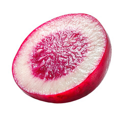 Extreme front view of a perfectly beautiful hyperrealistic single raw raw radish vegetable slice isolated on a white transparent background