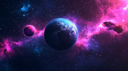 Fototapeta premium Vibrant cosmic background with planets and stars featuring a color scheme of purple, pink, and blue, with a dark sky-blue and black background, glowing lights