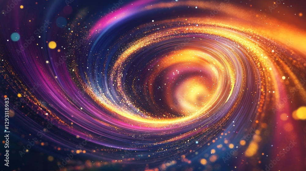 Poster Vibrant cosmic swirl in deep space with glowing colors and light particles, abstract universe background. Space exploration and cosmic art concept