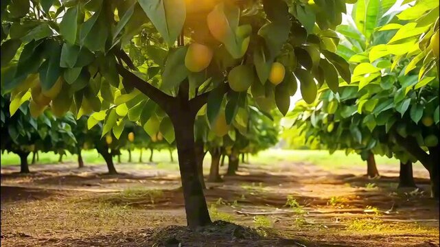 Mango tree garden. Beautiful natural background, growing sweet tropical fruits. Green garden with hanging ripe mango fruits