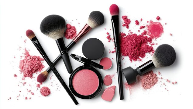 Pink makeup brushes and powder spills on white