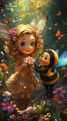 Enchanting Fairy and Bumble Bee in a Magical Garden