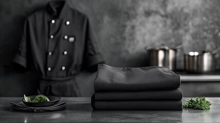 A single folded uniform styled for professional chefs on a sleek table. pic