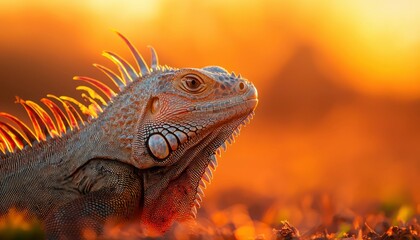 Fototapeta premium Iguana basking in the golden sunset glow