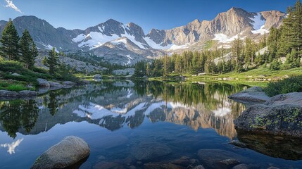 Naklejka premium A serene mountain lake with soft reflections of snow-capped peaks under a clear sky. picture