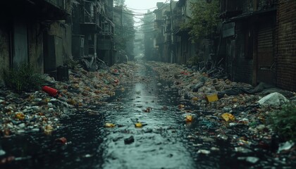 Obraz premium Urban Decay Overfilled Trash and Flooded Street in Neglected City Alleyway