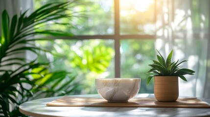 Fototapeta premium White marble tabletop with a blurred window and green plant background for product display montage