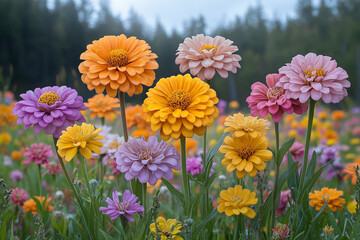 Fototapeta premium A Vibrant Tapestry of Zinnias Embracing the Misty Garden Sunlight