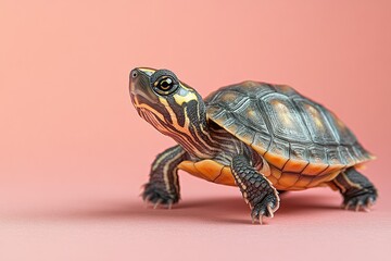 Obraz premium Colorful turtle walking on a soft pink surface showcasing its vibrant shell and features